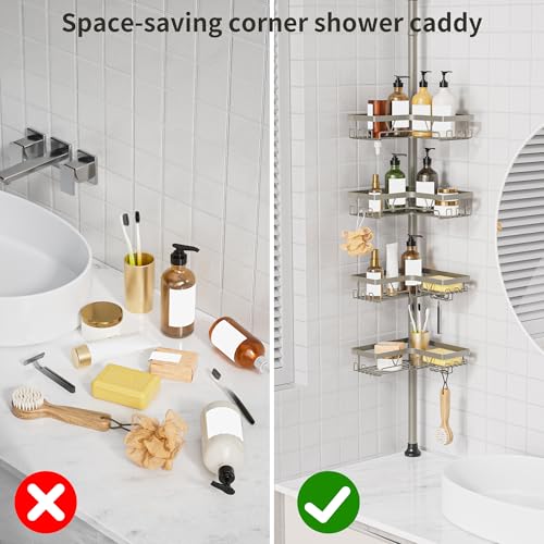 KEGII Shower Caddy Tension Pole, 4-Tier Rustproof Adjustable Corner Bathroom Organizer for Renters, 25–114.2 Inch No Drill Space-Saving Shower Storage Rack, Silver Gray - style: Tension Caddy(Silver Gray)