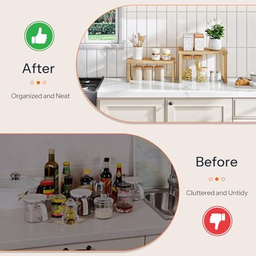 HOOBRO Cabinet Organizer Shelf, Set of 4 Kitchen Counter Shelves, Expandable Kitchen Storage, Stackable Bamboo Spice Rack, for Countertop, Office Desk, Living Room, Natural YL20TLP201 - color: Natural