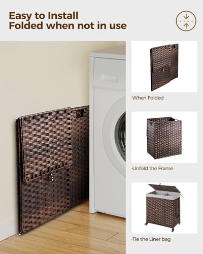 Greenstell Laundry Hamper with Wheels, No Install Needed, 110L Divided Handwoven Hampers & 2 Removable Liner Bags, Rattan Clothes Laundry Basket with Lid & Handles, Foldable Hampers Brown 22x13x26.4In - color: Brown, size: 110L: 22.0x13.5x26.4 Inches