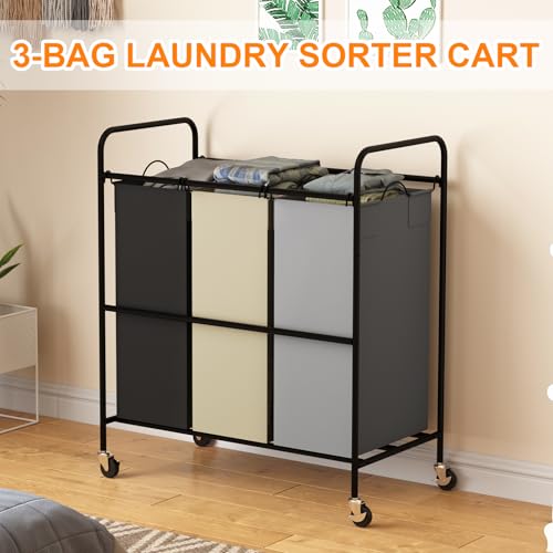 3 Section 3x40L Laundry Sorter Cart, Heavy Duty Laundry Basket with Lockable Wheels, 120L Large Rolling Laundry Hamper with Removable Bags for Dirty Clothes Storage