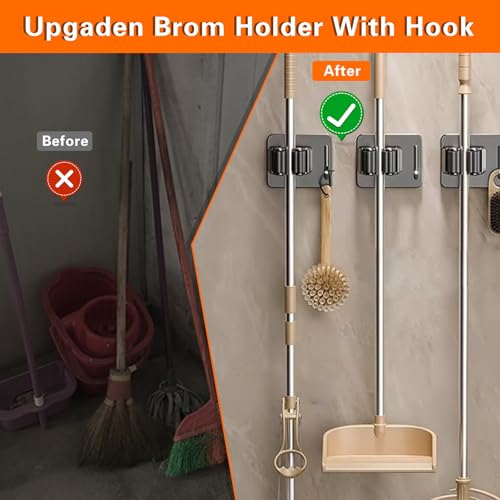 Mop Broom Holder-Self Adhesive Stainless Steel Broom Hanger Organizer for Bathroom, Kitchen, Office,Utility Room,Laundry Room,Home Garden, Garage Storage and Organization Rack(Silver gray-4Psc)