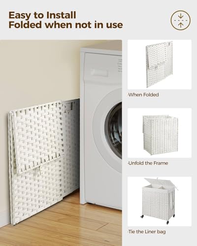 Greenstell Laundry Hamper with Wheels, No Install Needed, 110L Divided Handwoven Hampers & 2 Removable Liner Bags, Rattan Clothes Laundry Basket with Lid & Handles, Foldable Hampers White - color: White, size: 110L: 22.0x13.5x26.4 Inches