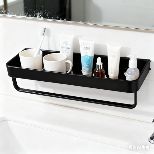 Bathroom Shelf with Towel Bar,Wall-Mounted Shower Storage Rack, 15.75 -Inch Suitable for bathrooms, Kitchens and Toilets,No Drill Bathroom Shelf