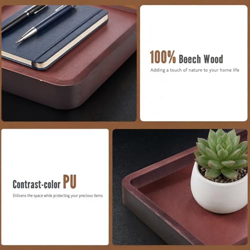 Wooden Valet Tray,Brown Wooden Catch All Tray with Leather Inlay Organizer ,Nightstand, Entryway Bedside Dump Holder, for Keys, Watches, Phones, Wallets Jewelry and More(H=1.2IN)