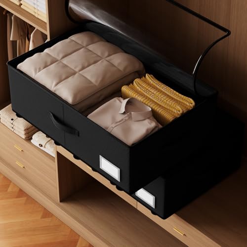 Under Bed Storage with Wheels,Under Bed Shoe Storage Organizers,Underbed Storage Bins,Rolling Under the Bed Storage Containers for Shoes Clothes in Dorm Bedroom,2 Pack(Black)
