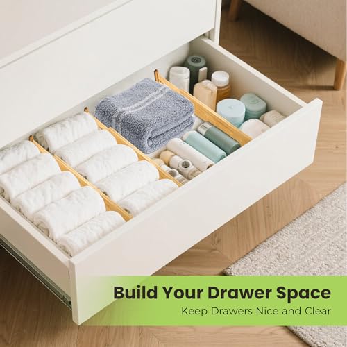 Fyvva Drawer Divider, Adjustable Bamboo Kitchen Drawer Organizer, Spring Loaded Drawer Organizer, Dresser Separators for Kitchen, Bathroom, Clothes, Office Desk Storage (Natural, 4 Pack Large) - size: 4 Pack Large