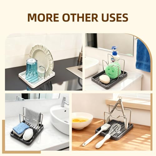 2 in 1 Pot Lid Holder & Spoon Rest for Kitchen Counter, Plastic Utensil Rest with Stainless Steel Pan Lid Holder Organizer While Cooking, Countertop Space Saving Pot Cover Rack | Easy to Clean - color: White- 1 Pack