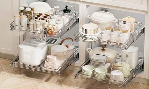 DINDON 2 Tier Pull Out Cabinet Organizer (20" W X 21" D), Double Tier Wire Basket Slide Out Shelf Storage for Kitchen Base Cabinet Organization for Kitchen, Pantry, Bathroom, Chrome - size: 20'' W X 21'' D