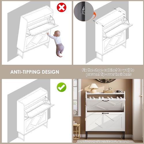 Nicetree Shoe Storage Cabinet with 2 Flip Drawers, Freestanding Shoe Organizer, Shoe Cabinet with Metal Legs, Narrow Shoe Rack Cabinet, Farmhouse Slim Shoe Cabinet for Entryway, Foyer, Hallway, White - color: White, style: 2-Drawers