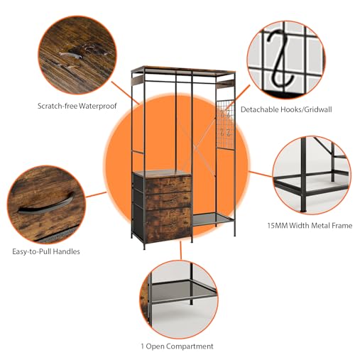 Heavy Duty Clothes Rack with 3 Drawers & LED Light, Garment Rack with 3 Shelves, Free Standing Wardrobe Organizer with 8 Hooks for Bedroom, Small Space, Garming Room(37.8"W x 66.93"H, Rustic Brown) - color: Rustic
