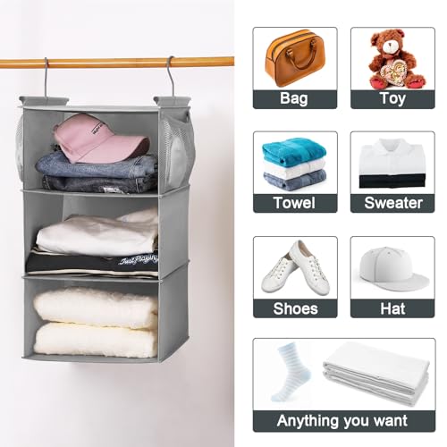 MAX Houser 3 Tier Shelf Hanging Closet Organizer, Space Saver,Closet Hanging Shelf with 2 Sturdy Hooks for Storage, Foldable (Grey) - color: Ashy