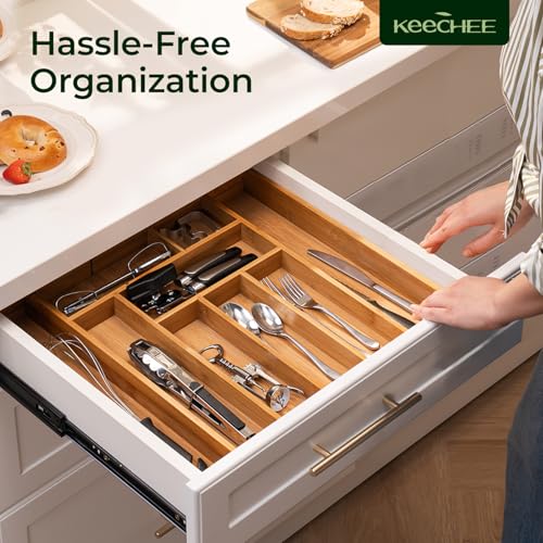 keechee Carbonized Bamboo Kitchen Drawer Organizer, 10 Slots Expandable Silverware Organizer, Utensil Holder & Cutlery Tray, 2.2" Deep for Extra Capacity, Non-Slip Feet Included - size: 10 Slots(Expandable)