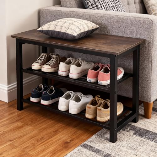 Shoe Bench, 3-Tier Shoe Rack, Industrial Shoe Organizer Storage Bench, 27.2'' Bench with Metal Shelves, for Entryway, Living Room, Hallway, Easy Assembly, 300lb Capacity - Rustic Brown - size: 3-Tier Shoe Bench (Metal Shelves)