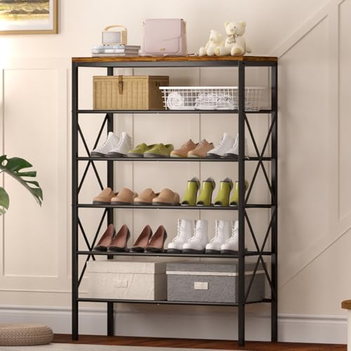 6 Tiers Metal Shoe Rack,Large Capacity Shoe Rack Holds 24 Pairs of Shoes, Durable and Stable, Adjustable Metal Shelf Stackable Shoe Shelf for Entryway, Hallway, Living Room, Closet - color: Rustic Brown, size: 27.8" x 10.8" x 39.2"