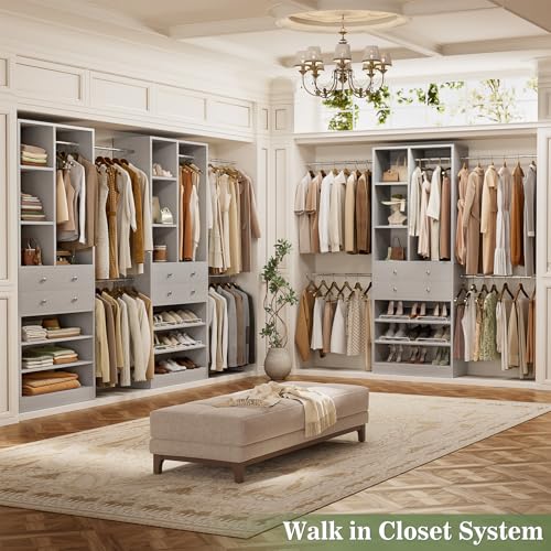 Besiost Closet System, 4.2–8.8 FT Closet Organizer with 2 Wooden Drawers and Shelves, Walk-in Closet System with 5 Hang Rods, Built-in Reach in Closet Tower, Can Fit 60 to 96 inch, Morandi Grey - color: Morandi Grey