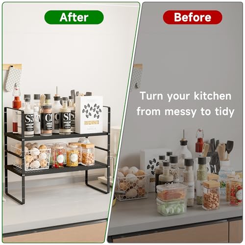 Expandable Kitchen Cabinet Shelf Organizer Rack Heavy Duty Metal Spice Rack Stackable Kitchen Counter Storage Shelf for Kitchen Cabinet Pantry Bathroom (Black - 16.5"-27" L x 10.2" W x 9.6" H - 2Pack) - color: Black - 16.5"-27" L x 10.2" W x 9.6" H - 2Pac