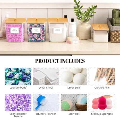 HomePekite Laundry Pods Storage Container, Clear Laundry Room Organization and Storage,Detergent Powder Container,with Wooden Lids & Labels, 3+1 Pack - style: 3+1 Pack