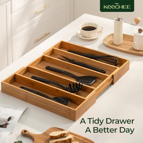Carbonized Bamboo Kitchen Drawer Organizer, 5 Slots Expandable Silverware Organizer, Utensil Holder & Cutlery Tray, 2.2" Deep for Extra Capacity, Non-Slip Feet Included. - size: 5 Slots(Expandable)