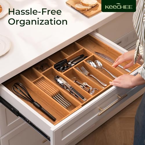 keechee Carbonized Large Bamboo Kitchen Drawer Organizer, 12 Slots Expandable Silverware Organizer, Utensil Holder & Cutlery Tray, 2.5" Deep for Extra Capacity, Non-Slip Feet Included - size: 12 Slots(Large & Expandable)