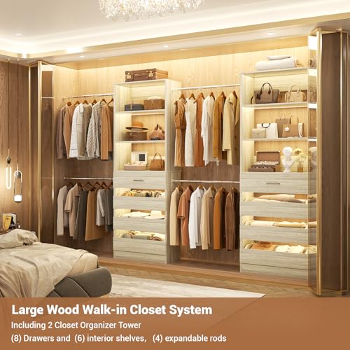 Aheaplus Closet System, 6-15Ft Closet Organizer with 8 Wooden Drawers, Wood Closet Organizer System with Tower, Walk-in Closet Organizer Wardrobe Garment Clothes Rack with 4 Hanging Rods, White Oak - color: White Oak