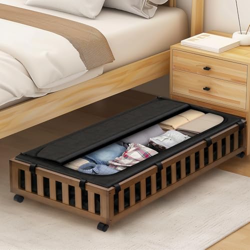 Gashell 2 Pack Bamboo Under Bed Storage with Wheels, 39”x20”x7.8” Lager Under Bed Storage Containers (Brown) - color: Brown