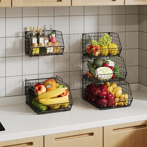 X-cosrack Stackable Wire Baskets for Counter, Fruit and Vegetable Storage, Potato and Onion Storage Bin,Kitchen Pantry Organizer - Wall Basket for Produce/Snack/Can, Large, Black - size: Large