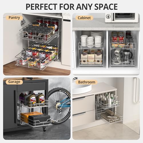 ZOINLIY Pull Out Cabinet Organizer, Versatile Slide Out Kitchen Organizers and Storage,Heavy Duty Drawer Cupboard Storage Basket, Smooth Sliding, Chrome Finish (2-Tiers-14¼''W×22“D) - size: 2-Tiers 14¼''W×22“D