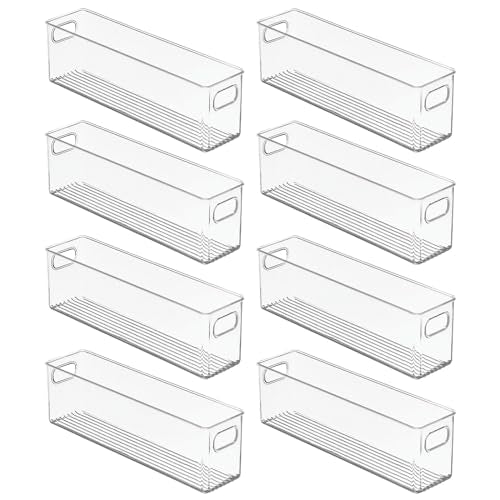 mDesign Plastic Bathroom Storage Container Bins w/ Handles - Closet, Cabinet, Vanity, Cupboard Shelf Organization, Hair Tools Accessory Organizer - Ligne Collection; Clear, 5x3.75x16 (Pack of 8) - size: 5 x 3.75 x 16 (Pack of 8)