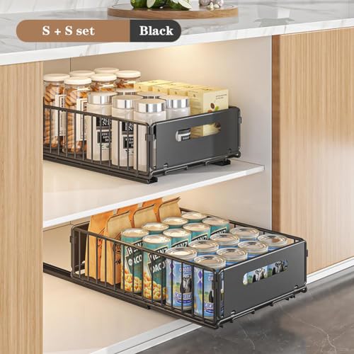 Pull Out Cabinet Organizer, Slide Out Cabinet Organizer Heavy-Duty Carbon Steel Expandable Drawer Adjustable Sliding Shelf Under Sink Rack Shelf for Kitchen Pantry Bathroom Closet - color: black large 1pc