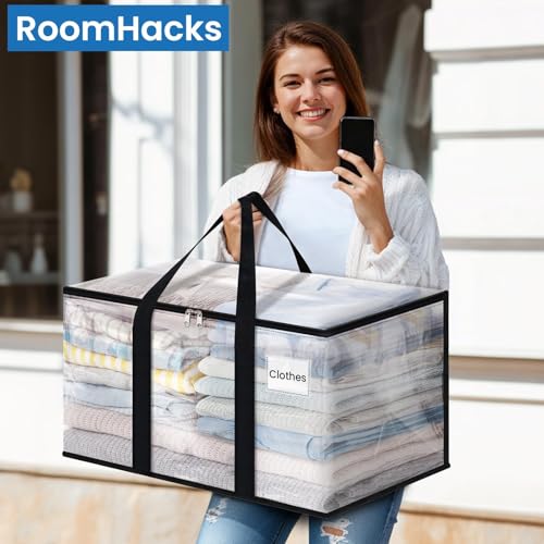 RoomHacks Clear Heavy Duty Extra Large Moving Supplies Storage Bags with Reinforced Handle and Double Zipper, Alternative to Moving Box (8 Packs) - size: 88L- 8Packs