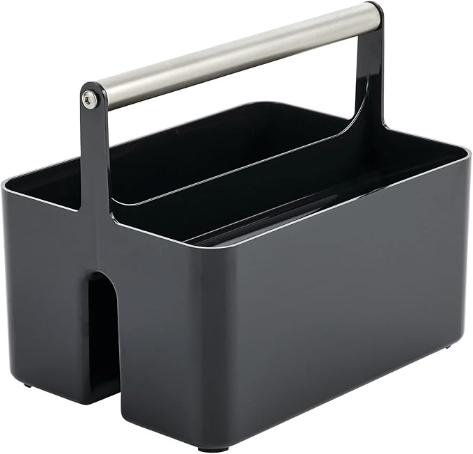 mDesign Plastic Shower Caddy Storage Organizer Utility Tote, Divided Basket Bin - Metal Handle for Bathroom, Dorm, Kitchen, Holds Soap, Shampoo, Conditioner - Aura Collection - Black/Brushed Chrome