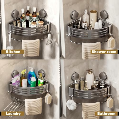 VOLPONE Corner Shower Shelf Suction Cup Shower Caddy Corner No Drilling Bathroom Shower Organizer Storage Rack Adhesive with Towel Bar (3-Pack, Gray) - style: Suction Cup Triangle with Towel bar 3 Tier Gray
