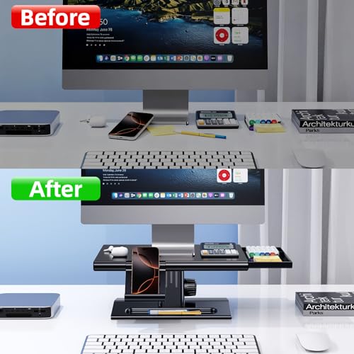 Computer Monitor Stand Riser for Desk,5.7-6.5 Inches Height Adjustable with Storage Drawer & Phone Holder,Workspace Desktop Organizer Monitor Stands Risers Shelf for Computer,Laptop,Printer,TV