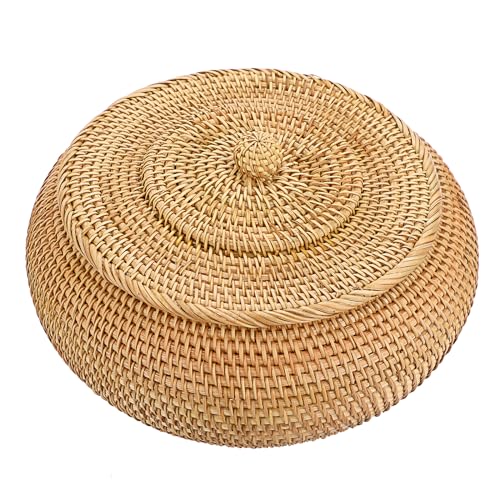 Hipiwe Round Rattan Boxes with Lid Natural Woven Storage Basket Bin Multi-Purpose Wicker Tray Weaving Decorative Shelf Basket Farmhouse Picnic Bread Fruit Table Storage Basket - size: Large,8.9"D x 4.7"H
