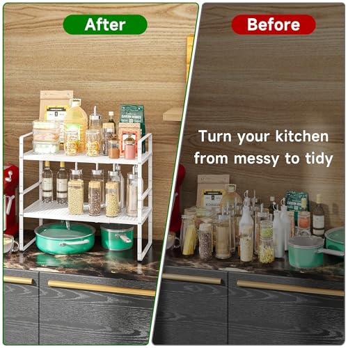 Expandable Kitchen Cabinet Shelf Organizer Rack Heavy Duty Metal Spice Rack Stackable Kitchen Counter Storage Shelf for Cabinet Pantry Bathroom (White- 16.5"-27" L x 8" W x 9.6" H - 2Pack) - color: White- 16.5"-27" L X 8" W X 9.6" H - 2pack