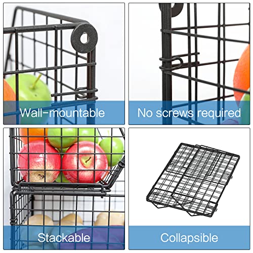 X-cosrack Stackable Wire Baskets for Counter, Fruit and Vegetable Storage, Potato and Onion Storage Bin,Kitchen Pantry Organizer - Wall Basket for Produce/Snack/Can, 3-tier Large, Black - size: 3-tier Large