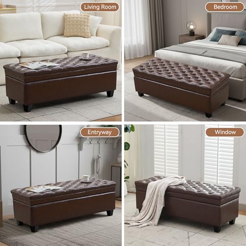 WUTUTUEE 50" Faux Leather Storage Ottoman Bench, End of Bed Upholstered Rectangle Storage Ottoman Tufted Living Room Bedroom Bench with Safety Hinge, Solid Wood Legs, Loads 500 lb(Dark Rrown) - color: Dark Brown