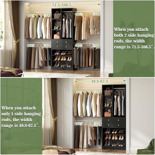 Besiost Closet System, 4.2–8.8 FT Closet Organizer with 2 Wooden Drawers and Shelves, Walk-in Closet System with 5 Hang Rods, Built-in Reach in Closet Tower, Can Fit 60 to 96 inch, Black - color: Black