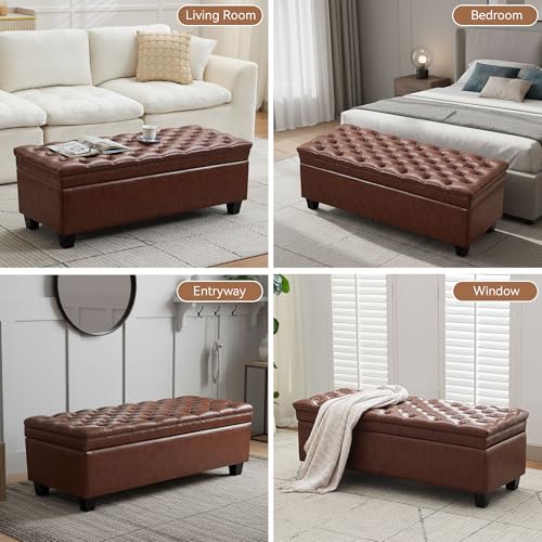 WUTUTUEE 50" Faux Leather Storage Ottoman Bench, Upholstered Rectangle End of Bed Storage Ottoman Tufted Living Room Bedroom Bench with Safety Hinge, Solid Wood Legs, Loads 500 lb(Brown) - color: Brown-pu