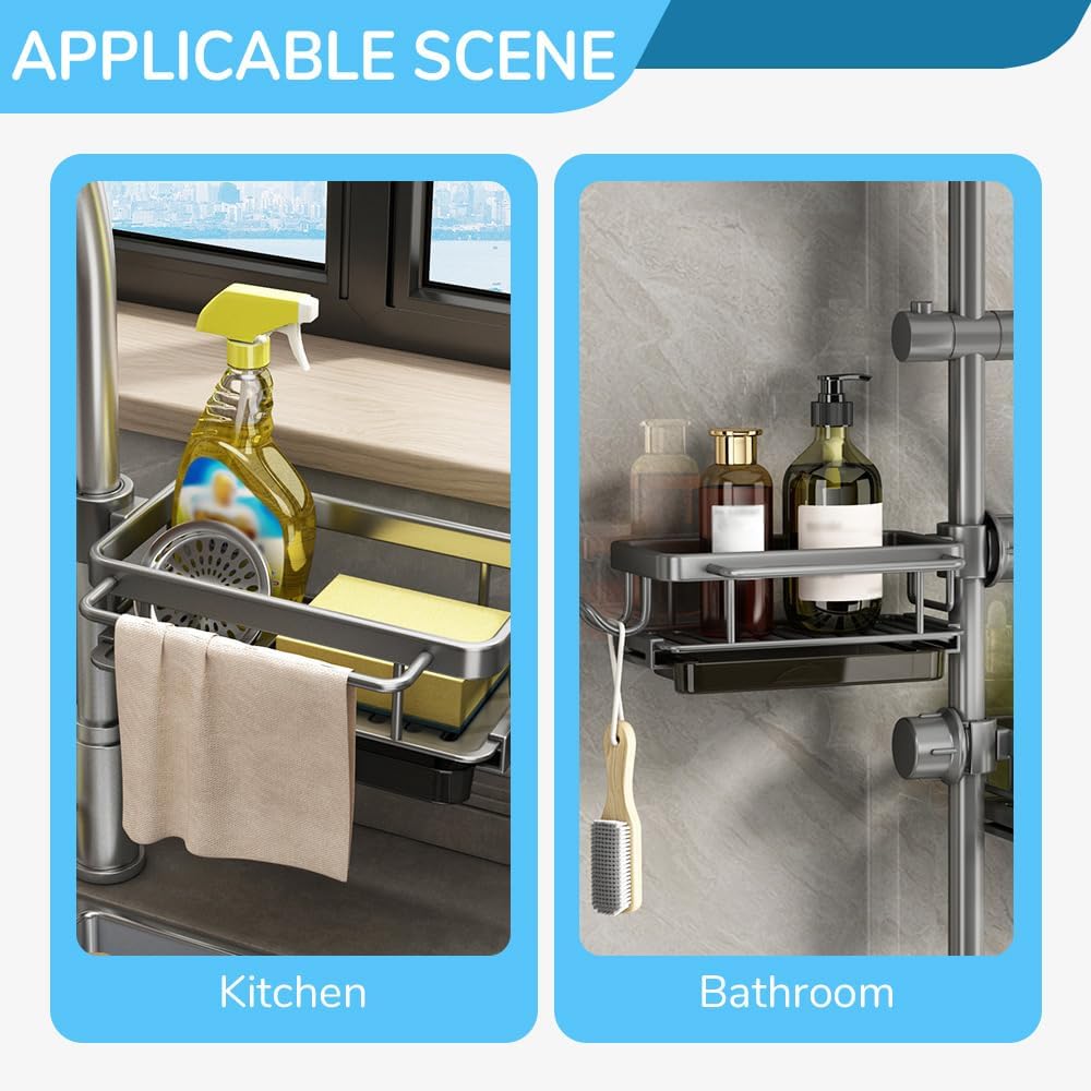 Sink Organizer Rack for Kitchen and Bathroom, 2024 New Kitchen Sink Faucet Organizer with Drip Tray Faucet Sponge Holder (Black, Right)