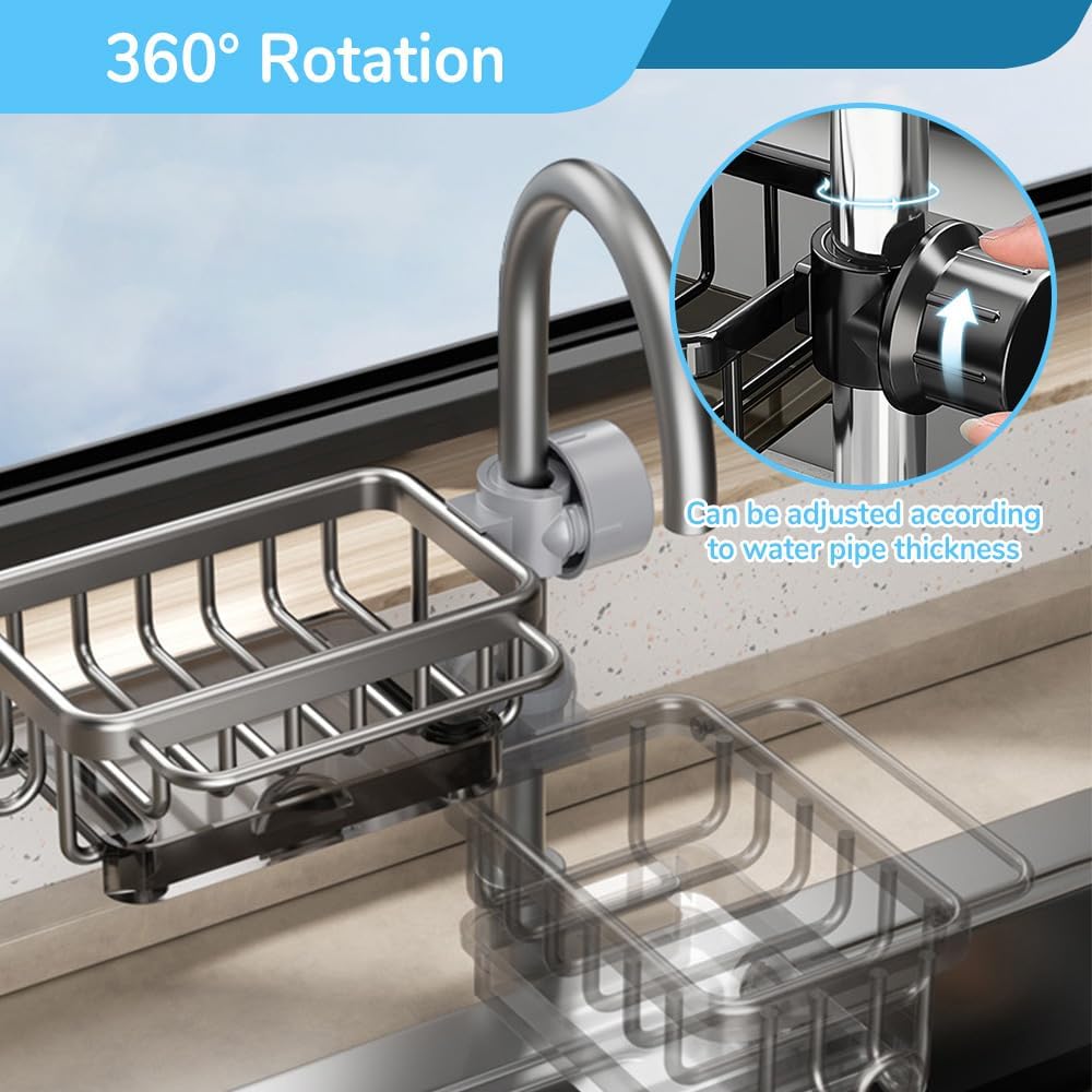Sink Organizer Rack for Kitchen and Bathroom, 2024 New Kitchen Sink Faucet Organizer with Drip Tray Faucet Sponge Holder (Grey, Left)