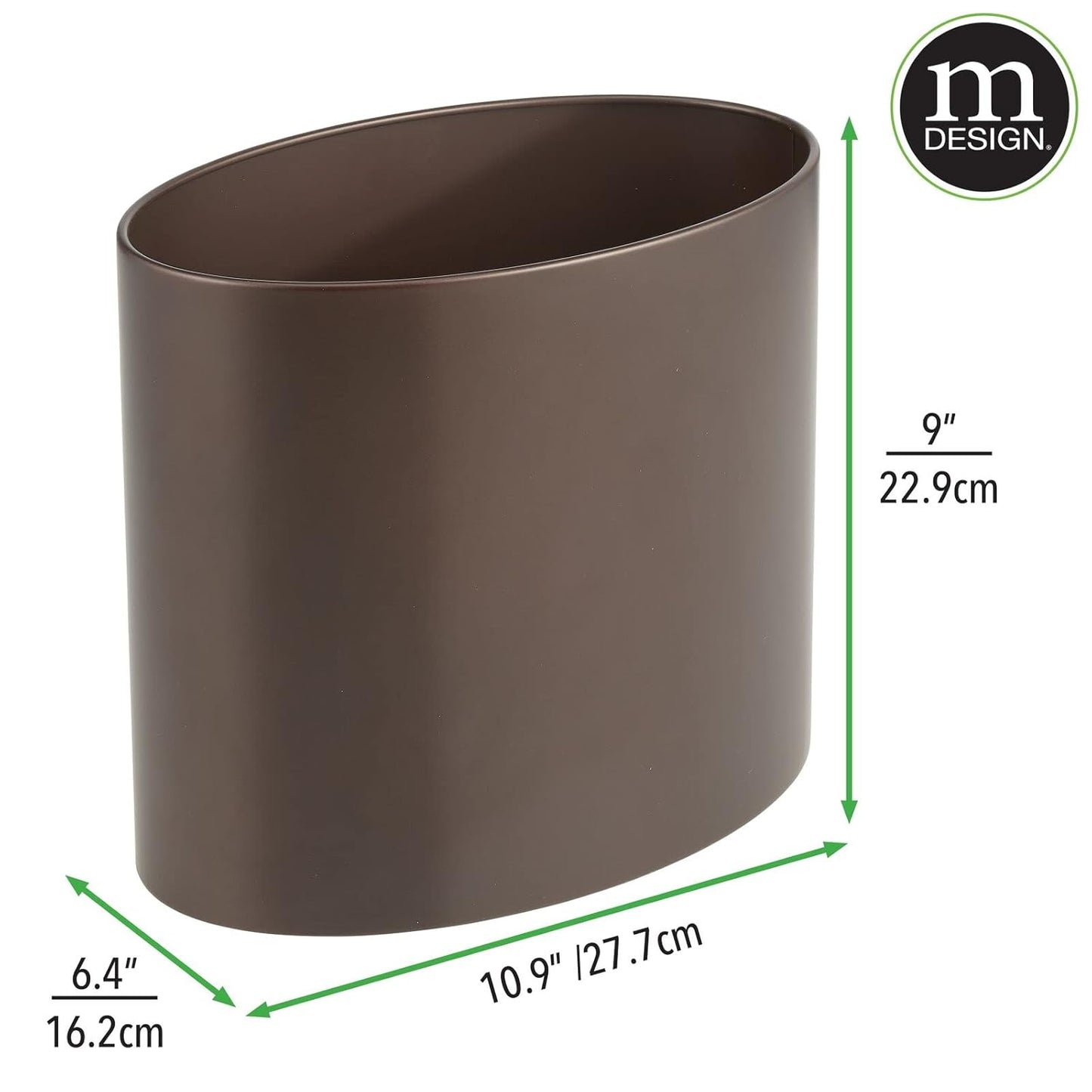mDesign Stainless Steel Metal Oval Trash Can, 7.9 Liter/2.09 Gallon Wastebasket, Garbage Basket Bin for Bathroom, Bedroom, Kitchen, Home Office, Holds Waste and Recycle, Mirri Collection, Bronze