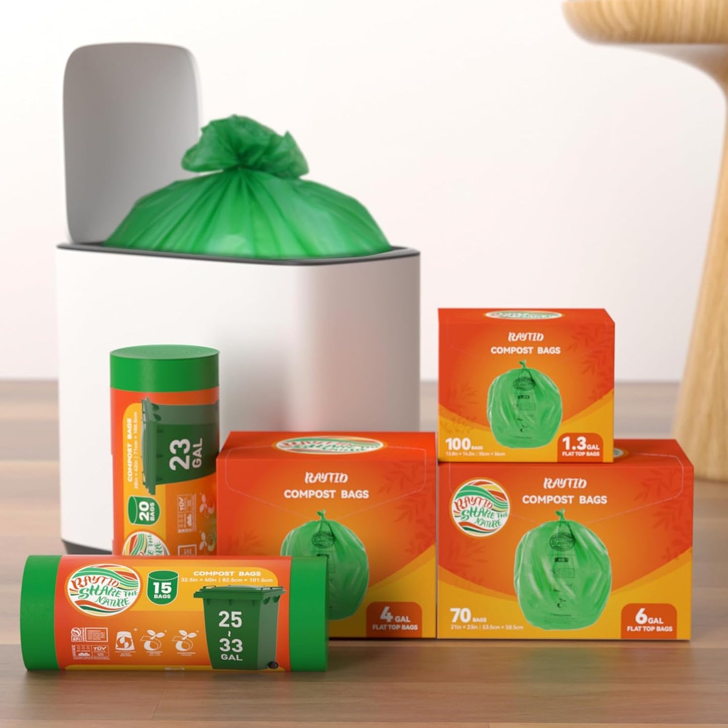 Compostable Bags, 6 Gallon Food Scraps Yard Waste Bags,Fits 5-6-8 Gallon trash can, 30 Liter, 70Count, Heavy Duty 0.85 Mils, ASTMD 6400 Kitchen Trash Bags, BPI&OK compost HOME certified