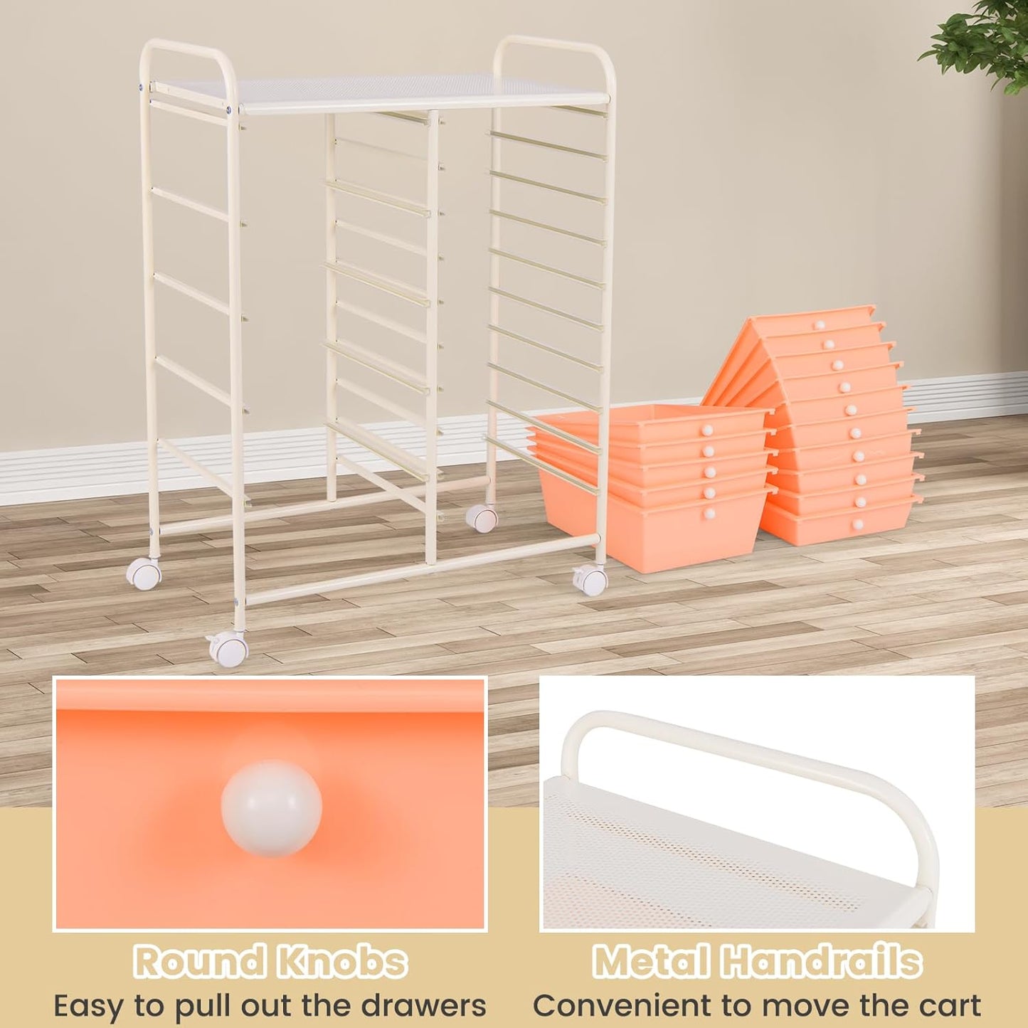 GOFLAME 15-Drawer Rolling Storage Cart, Multipurpose Movable Organizer Cart, Utility Cart for Home, Office, School, Peach Fuzz, 53825HW-GL