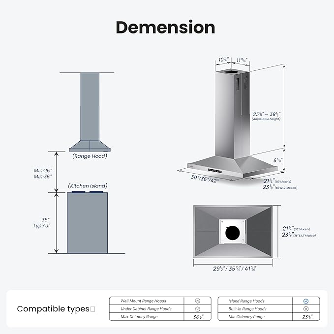 Island Range Hood 36 Inch, 390 CFM kitchen Hood with Touch/Gesture, Ceiling Mount, Convertible Ducted/Ductless, 3-Speed Fan, 3 Stainless Steel Baffle Filters