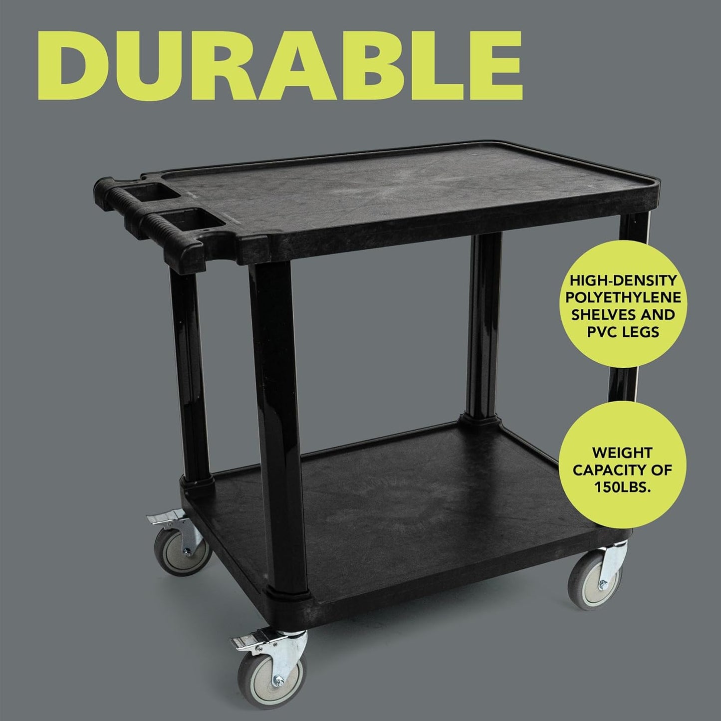 Pearington 2-Tier Compact Multi-Purpose Plastic Utility Cart with Lockable Wheels up to 150lbs, Black