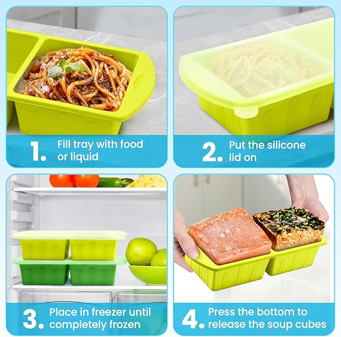 2 Pack Silicone Freezer Trays With Lid For Easy Storage Silicone Soup Freezer Molds 2 Cup ,Perfect For ice cube tray Freezing Broth Sauces Store Leftovers , Leakproof, Easy Release Dishwasher Safe