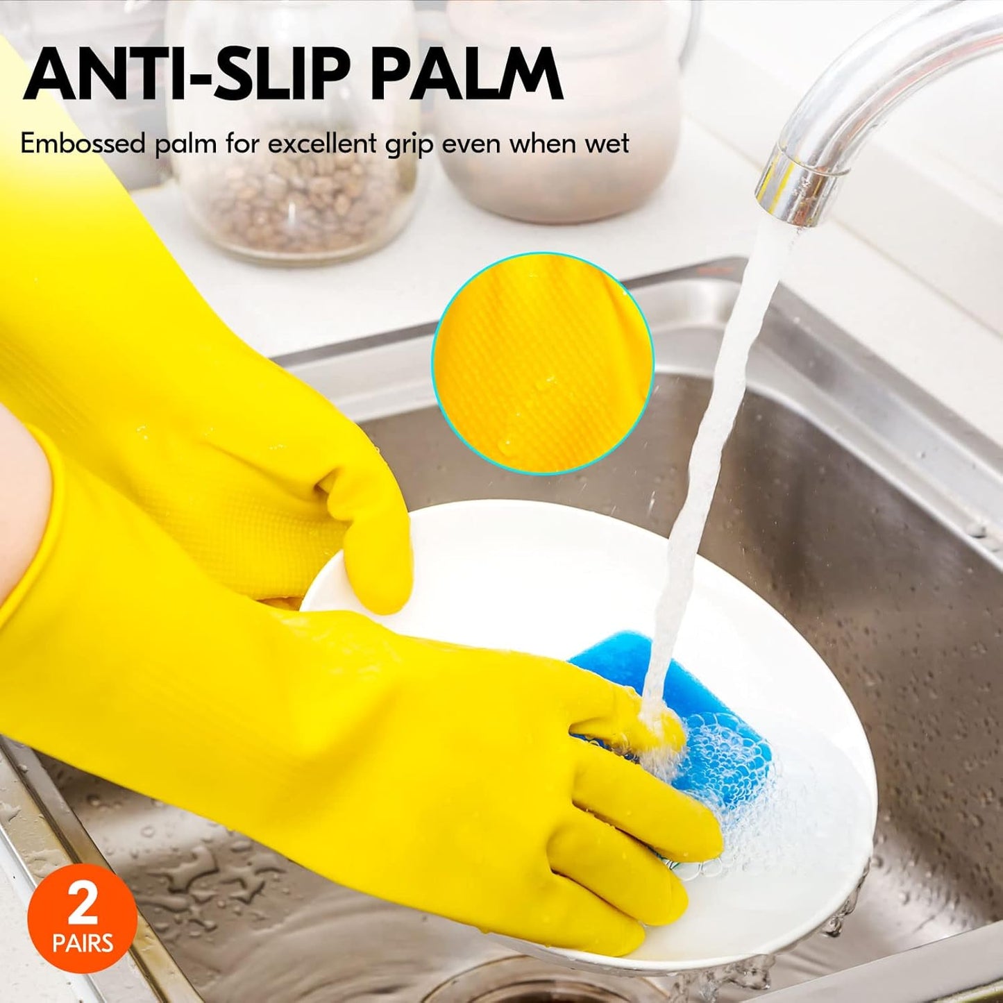 Vgo... 2-Pairs Reusable Household Gloves, Rubber Dishwashing gloves, Extra Thickness, Long Sleeves, Kitchen Cleaning, Working, Painting, Gardening, Pet Care (Size XL, Yellow, HH4601)
