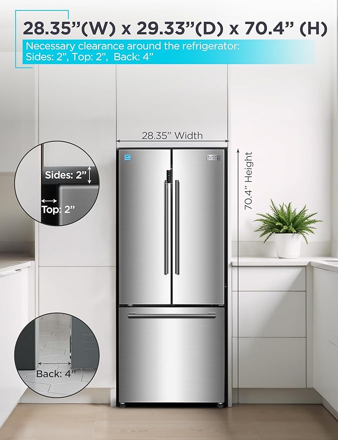 BLACK+DECKER 16 Cu. Ft. French Door Refrigerator with Built-in Ice Maker, Full Size Refrigerator with Bottom Mount Freezer Drawer, Frost Free, ENERGY STAR certified, BRF1600GIMS, Stainless Look