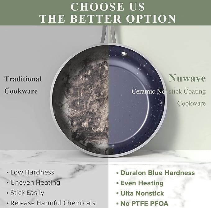 Nuwave Healthy Duralon Blue Ceramic Nonstick Coated 9pc Cookware Set, Scratch-Resistant Diamond Infused, PFAS Free, Induction Ready & Evenly Heats, Oven Safe, Tempered Glass Lids